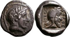 GRIECHISCHE MÜNZEN Lykien Dynast Kherei Stater 430/410 v. Chr., Xanthos. Kopf der Athena / Kopf des Dynasten mit persischer Kyrbasia in Quadratum incusum. Vismara, Vekhssere (Vismara I) 37; Müseler VI