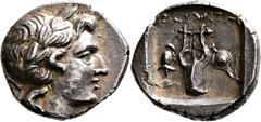 GRIECHISCHE MÜNZEN Lykien Lykische Liga Drachme 167/81 v. Chr., Olympos. Kopf des Apollon / Lyra in flachem Quadratum incusum, im Feld links Helm, rechts Schwert mit Schild. Troxell, Lycian League 42.