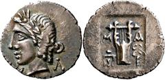 GRIECHISCHE MÜNZEN Lykien Lykische Liga Hemidrachme nach 18 v. Chr., Bezirk Masikytos. Kopf des Apollon / Lyra in flachem Quadratum incusum, im Feld Dreizack und Kerykeion. Troxell, Lycian League 158;