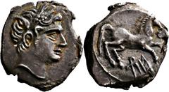 GRIECHISCHE MÜNZEN Königreich Numidien Hiempsal II., 105-62 v. Chr. Triobol (Quinar), Zama (?). Kopf mit Ährenkranz / Pferd. Mazard 79; FLM III, S. 38, 47. 2.10 g.; Feine, leicht goldfarbene Tönung Se