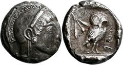 GRIECHISCHE MÜNZEN Attika Athen Tetradrachme 500/480 v. Chr. Kopf der Athena / Eule (Steinkauz) und Olivenzweig in Quadratum incusum. Seltman, Athens, Gruppe C; HGC 1590. 16.96 g.; Feine Tönung - Gute