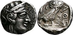 GRIECHISCHE MÜNZEN Attika Athen Tetradrachme 454/404 v. Chr. Kopf der Athena / Eule (Steinkauz), dahinter Olivenzweig und Mondsichel. Svoronos, Tf. 17; Kampmann-Rutten 10 (Datierung 420-404 v.); HGC 1
