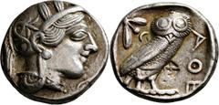GRIECHISCHE MÜNZEN Attika Athen Tetradrachme 454/404 v. Chr. Kopf der Athena / Eule (Steinkauz), dahinter Olivenzweig und Mondsichel, im Feld Gegenstempel Hieroglyphe "uah". Svoronos, Tf. 12-14; Kampm
