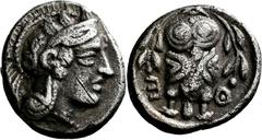 GRIECHISCHE MÜNZEN Attika Athen Hemidrachme 454/404 v. Chr. Kopf der Athena / Eule (Steinkauz) von vorn unter Olivenzweig. HGC 1641; Svoronos Tf. 13, 31. 2.04 g.; Feine dunkle Tönung Sehr schön Kratze