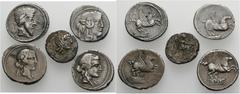 LOTS Römische Republik 4 Denare des Quintus Titius, dazu subaerater Quinar des Cato. 5 Stück Hübsche Tönungen Um sehr schön Aus hessischer Privatsammlung.