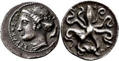 GRIECHISCHE MÜNZEN Sizilien Syrakus Dionysios I., 405-367 v. Chr. Litra 405/395 v. Chr. Kopf der Arethusa mit Sphendone nach links, rechts im Feld Delphin, links SVRAKOSIWN (aufwärts); Perlkreis. Rev.
