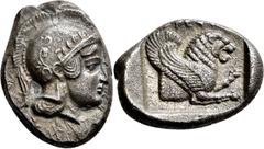 GRIECHISCHE MÜNZEN Lykien Dynast Kheriga Stater 440/430 v. Chr., Kandyba (?). Kopf der Athene mit attischem Helm nach rechts / Geflügelte Löwenprotome nach rechts in Quadratum incusum, im Feld Diskele