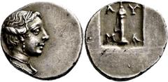 GRIECHISCHE MÜNZEN Lykien Masikytos Hemidrachme 1. Jhdt. v. Chr. Büste der Artemis mit Stephane, Ohrschmuck und Halskette nach rechts, an der Schulter Köcher (hier nicht sichtbar). Rev. Köcher mit Tra