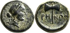 GRIECHISCHE MÜNZEN Lykien Thyateira Dichalkon 2. Jhdt. v. Chr. Belorbeerter Kopf des Apollon nach rechts. Rev. Doppelaxt, [darüber QYATEI], rechts und links des Axtstiels RH - NWN. 11h. SNG v. Aulock 