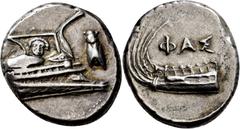 GRIECHISCHE MÜNZEN Lykien Phaselis Stater 246/221 v. Chr. Schiffsbug mit Aufbau nach rechts fahrend, auf der Reling Gorgoneion, rechts im Feld Zikade; Perlkreis. Rev. FAS Schiffsheck mit Aphlaston nac