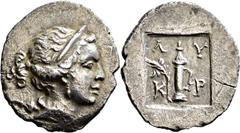 GRIECHISCHE MÜNZEN Lykien Kragos Vierteldrachme 48/27 v. Chr., Prägung für die Lykische Liga. Kopf des Apollon / Köcher und Palmzweig in flachem Quadratum incusum. 12h. Troxell, Lycian League (NNM 162