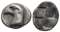 Greek Aeolis, Kyme AR Hemiobol. Circa 450-400 BC. Head of eagle to left; K (retrograde) to left, [Y] below / Quadripartite incuse square. Klein 333 var. (K horizontal); SNG Copenhagen 32. 0.46g, 7mm. 