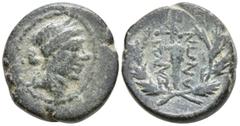 Greek Lydia, Sardes Æ 15mm. 2nd-1st century BC. Laureate head of Apollo to left / Club upwards within oak wreath, ΣAPΔIANΩN to either side, uncertain monogram above. GPRC Lydia 1ff; SNG Copenhagen 470