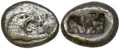 Greek Kingdom of Lydia, Kroisos AR Siglos. Sardes, circa 561-564 BC. Confronted foreparts of lion to right and bull to left / Two incuse square punches of unequal size. GRPC Lydia S3; Rosen 663-5; SNG