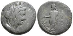 Greek Lydia, Sardes Æ. Circa 133 BC-14 AD. Turreted, veiled and draped bust of Tyche to right. ΣAPΔΙΑΝΩΝ Zeus Lydios standing front, head to left, holding eagle in his right hand and long scepter in h