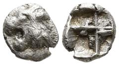 Greek THRACO-MACEDONIAN REGION (?). Uncertain mint. (Circa 500-450 BC). AR Hemiobol (5.8mm 0.25g) Obv: Roaring head of lion to left Rev: Quadripartite incuse square. Traité I 2409-11 var. (obol); cf. 