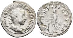 Roman Imperial Gordian III (238-244 AD). Rome AR Denarius (23.5mm 4.81g) Obv: IMP GORDIANVS PIVS FEL AVG. Bust of Gordian III, radiate, draped, cuirassed, right. Rev: P M TR P II COS P P. Gordian III,