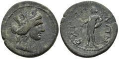 Roman Provincial LYDIA. Saitta. Pseudo-autonomous issue. (circa 100-218 AD) AE Bronze (19.4mm 3.67g) Obv: Turreted head of Tyche to right Rev: ϹΑΙΤΤΗΝΩΝ. Nude figure of Apollo standing facing, head to