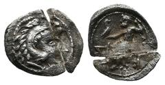 Greek KINGS OF MACEDON. Alexander III the Great, (336-323 BC). contemporary imitation of Sidon mint issue AR Hemiobol (10mm 0,3g) Obv: Head of Herakles to right, wearing lion skin headdress. Rev: AΛEΞ