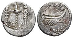Roman republican Mark Antony 32–31 BC Military mint moving with M.Antony Denar AR (2.4g 16.7mm) Obv: ANT·AVG·III·VIR·R·P·C·, praetorian galley to right Rev: LEG II, aquila between two standards. RSC 2