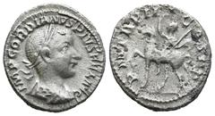 Roman imperial GORDIAN III. 238–244 AD.Rome Mint. Denarius AR (2.9g 18.8mm) Obv: IMP GORDIANVS PIVS FEL AVG; bust of Gordian III, laureate, draped, cuirassed, right Rev: P M TR P III COS P P; Gordian 