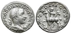 Roman imperial GORDIAN III.238–244 AD.Rome Mint. Denarius AR (2.9g 19.8mm) Obv: IMP GORDIANVS PIVS FEL AVG; bust of Gordian III, laureate, draped, cuirassed, right Rev: P M TR P III COS P P; Gordian I