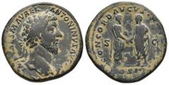 Roman imperial Marcus Aurelius. AD 161–180. Sestertius. Rome mint. Struck under Marcus Aurelius and Lucius Verus, AD 161. AE (23.9g 33.1mm) Obv: IMP CAES M AVREL ANTONINVS AVG P M, bareheaded and cuir