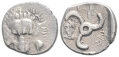 Greek Greek DYNASTS of LYCIA., Perikles (Circa 380-360 BC). AR Third Stater. (16.6mm, 2.98g) Facing lion’s scalp / Triskeles; Bust of Apollo in upper left field; Legend around. SNG Copenhagen -; SNG v
