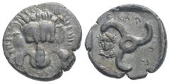 Greek Greek DYNASTS of LYCIA. Perikles. (Circa 380-360 BC) AR Third Stater (17.2 mm, 3.14 g.) Facing lion's scalp. / 'Perikles' in Lycian; triskeles; to left, laureate and draped facing bust of Apollo