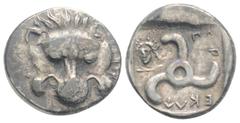 Greek Greek DYNASTS of LYCIA. Perikles, (circa 380-360 BC). AR Third Stater (14.1mm 2.90g) Facing lion's scalp. / Triskeles; to left, laureate and draped bust of Apollo (?) facing slightly to left; al