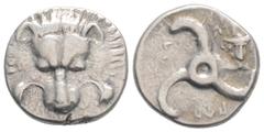 Greek Greek DYNASTS of LYCIA. Perikles, ( Circa 380-360 BC). AR Third Stater (15.3mm 3g) Facing lion's scalp. / Triskeles; to right, facing head of Hermes wearing winged petasos. BMC 155. Müseler -. S