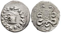Greek Greek LYDİA, Tralleis . (Circa 140-135 BC). AR Cistophoric Tetradrachm (28mm, 11.73g) Apol-, magistrate. Serpent emerging from cista mystica; all within ivy wreath / Two serpents entwined around