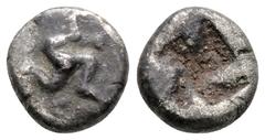 Greek Greek Coins PAMPHYLIA, Aspendos. (Circa 5th century BC) AR Obol (8.9mm 1g) Triskeles surrounded by pellets / Quadripartite incuse square. Cf. Rosen 392 (hemiobol; uncertain Asia Minor); Brindley