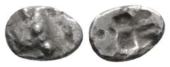 Greek Greek WESTERN ASIA MIRROS, Uncertain mint (Circa 530-480 BC) AR Hemiobol or Tetartemorion (7.3mm, 0.21g) Head of bull or calf right / Quadripartite incuse square. Cf. SNG Kayhan 1575 (hemiobol; 