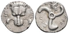 Greek Greek DYNASTS OF LYCIA. Perikles, (Circa 380-360 BC) AR 1/3 Stater(16.6mm, 3g) Facing lion's scalp / ΕΚΛ-ΓΤΡ-Τ Triskeles; above, head of Hermes wearing winged Petasos to right. BMC 155. Müseler 