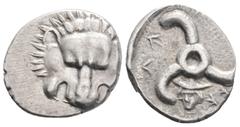 Greek Greek DYNASTS OF LYCIA. Perikles, (Circa 380-360 BC). AR 1/3 Stater Silver (16.9mm, 3.1g) Facing lion's scalp. / Triskeles; below, facing head of Hermes wearing winged petasos. Müseler VIII, 42.