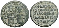 Byzantine Byzantine Basil I the Macedonian with Constantine (867-886 AD). Constantinople. AE Follis (27.4mm, 7.5g) Obv: + ЬASILO S COҺST ЬASILIS. Basil and Constantine seated facing on throne, holding
