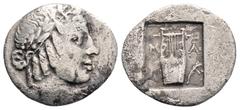 Greek LYCIA, Lycian League, Masikytes (Circa 42 BC) AR Hemidrachm (15.8mm, 1.3g) Obv: Λ-[Y], laureate head of Apollo right. Rev: M-A, lyre, filleted branch to right, all within incuse square. RPC I 33