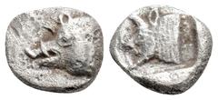 Greek DYNASTS OF LYCIA, Uncertain Dynast (Circa 520-480 BC) AR Obol (9mm 0.81g) Obv: Head of boar left right. Rev: Head of man-headed bull right within incuse square. Weber 8576. Rare