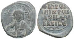 Byzantine Time of Basil II & Constantine VIII, (976-1025 AD) AE Follis (28.7mm, 10g) Obv: Constantinople mint. Facing bust of Christ Pantokrator; two pellets in cross; barred IC-XC across field Rev: +