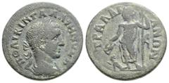 Roman Provincial LYDIA, Tralles, Gallienus (253-268 AD) AE Bronze (20.9mm, 5.3g) Obv: ΠO ΛIKIN ΓAΛΛIHNOC K, Laureate, draped cuirassed bust right Rev: TΡAΛΛIA-N-ΩN, Artemis Huntress walking right, hol