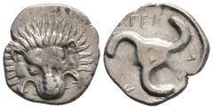 Greek Lycia, Perikles, Circa 380-360 BC Dynasts of Lycia.. AR Third Stater. Lion scalp facing / Triskeles; in one section, draped bust of Hermes, wearing winged petasos, facing slightly right; all wit