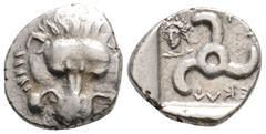 Greek Lycia, Perikles. Circa 380-360 BC Dynsts of Lycia.. AR Third Stater. Lion scalp facing / Triskeles; in one section, draped bust of female facing slightly left; in another, dolphin right; all wit