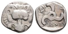 Greek Lycia, Perikles. Circa 380-360 BC Dynsts of Lycia.. AR Third Stater. Lion scalp facing / Triskeles; in one section, draped bust of female facing slightly left; in another, dolphin right; all wit