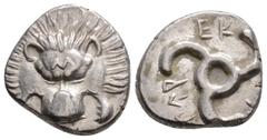 Greek Lycia, Perikles, Circa 380-360 BC Dynasts of Lycia.. AR Third Stater. Lion scalp facing / Triskeles; in one section, draped bust of Hermes, wearing winged petasos, facing slightly right; all wit