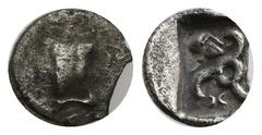 GREEK Dynasts of Lycia, Mithrapata (c. 390-370 BC). AR Obol (10mm, 0.56 g). Astragalos. R/ Triskeles with helmet; all within incuse square.