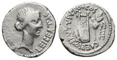 ROMAN REPUBLIC BRUTUS. Denarius (18mm, 3.70 g) (42 BC). Military mint traveling with Brutus in Lycia. Obv: LEIBERTAS. Head of Libertas right. Rev: CAEPIO BRVTVS PRO COS. Lyre between quiver and fillet