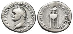 ROMAN IMPERIAL Titus. Silver Denarius (17mm, 3.10 g), AD 79-81. Rome, AD 80. [IMP] TITVS CAES VESPASIAN AVG P M, laureate head of Titus left. rev. TR P IX IMP XV COS VIII P P, tripod surmounted by dol