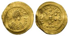 BYZANTINE Justin I AV Tremissis, Constantinople mint Justin I (518-527 AD). AV Tremissis (15mm, 1.45 g). Constantinople mint. Obv. D N IVSTINVS PP AVG, diademed, draped, and cuirassed bust right. Rev.