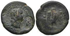 ROMAN PROVINCIAL PISIDIA, Antiochia. Vespasian. AD 69-79. Æ (28mm, 15.00 g). IMP VESPASIANO CAESARI AVG COS VII P P Laureate head right c/m: Mên standing facing, head r., holding sceptre and Nike. / L
